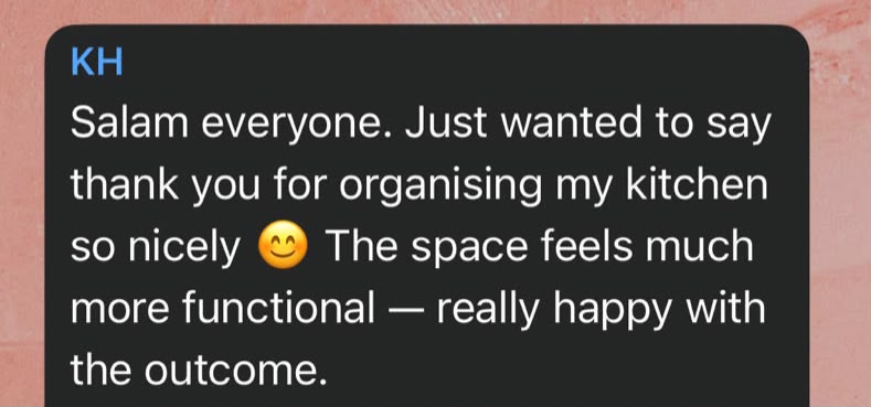 WhatsApp message thanking The Space Edit for organising the kitchen so nicely